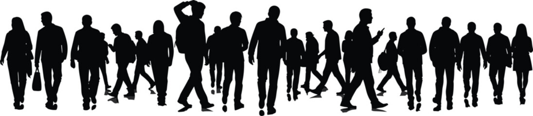 Black silhouettes of people walking in various directions crowd