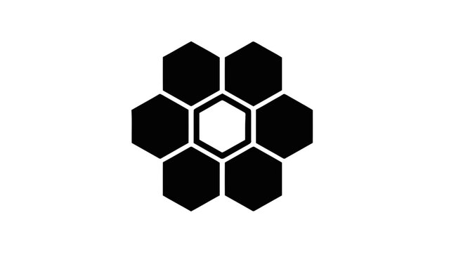 Vector illustration&nbsp;of abstract geometric pattern of seven hexagons forming a flower or honeycomb shape, black and white vector icon on a transparent background