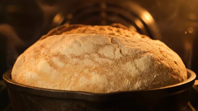 Fresh bread dough rises and bakes in a hot oven. The golden crust develops beautifully in the cast iron pan.