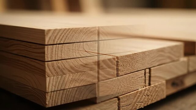 Close-up of stacked wooden planks with visible natural grain. These timber boards are ready for woodworking projects.