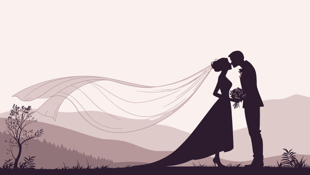 Romantic wedding couple silhouette vector bride and groom kissing at sunset with flowing veil and bouquet serene mountain landscape
