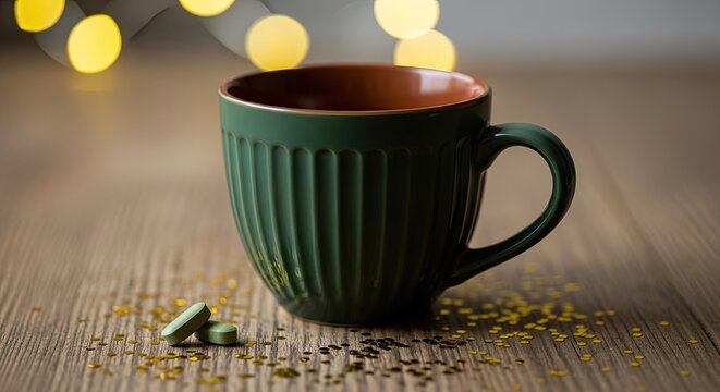 A green ceramic mug on a wooden table with scattered tea leaves and festive lights