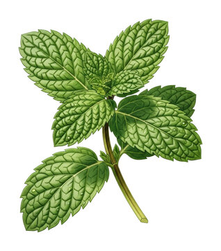 Fresh mint leaves botanical illustration nature close-up view isolated on transparent background