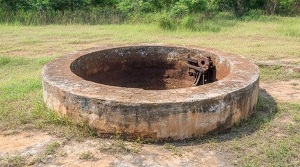 Fototapeta premium An old abandoned concrete well with its rusty mechanism exposed in an outdoor environment