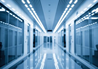 Blurry bluetoned image of a long corridor with doors and lights on the ceiling