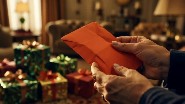 Hands holding red gift envelope near presents.