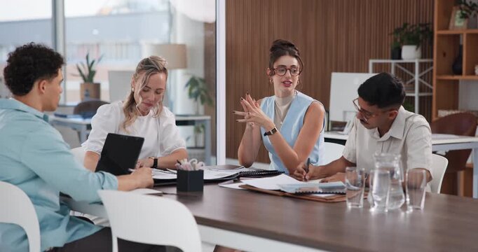 Laptop, meeting and people with document in office, applicant screening and cv evaluation process. Explain candidate selection, pc or hr team with discussion for recruitment, resume review or writing