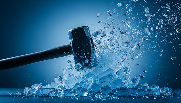 Sledgehammer shattering ice cubes in a dramatic frozen explosion