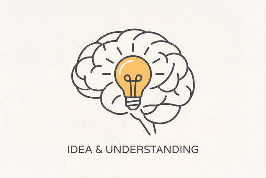 A cartoon brain illuminates a bright light bulb representing 'DEA & UNDERSTANDING