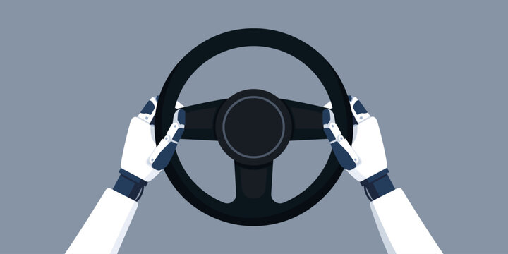 AI robot holding a steering wheel and driving a car