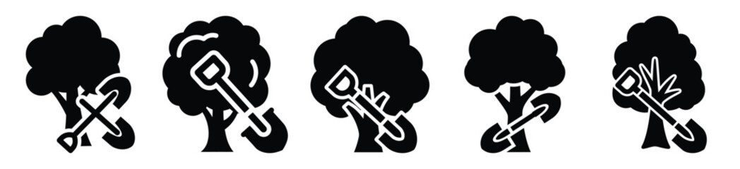 National Arbor Day tree with shovel vector icon set. Arbor Day creative concept and Simple illustration, icon design solid black color with white background. © Pallobroy
