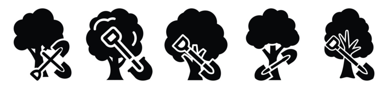 National Arbor Day tree with shovel vector icon set. Arbor Day creative concept and Simple illustration, icon design solid black color with white background.