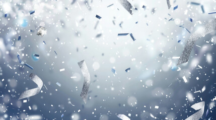 Obraz premium White ribbons and confetti falling with sparkles on light blue celebration background and free place for text. New Year, Christmas, birthday, holiday banner