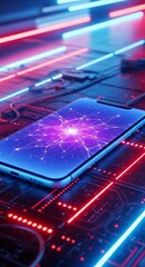 Fototapeta premium Smartphone with glowing screen lies on futuristic circuit board surrounded by neon lights