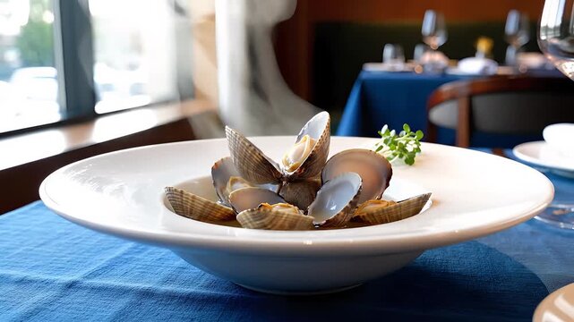 Deliciously prepared clams in a white bowl on a blue tablecloth in a cozy restaurant setting