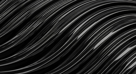 Abstract Black Liquid Metal Wave Background with Glossy Surface and Flowing Lines