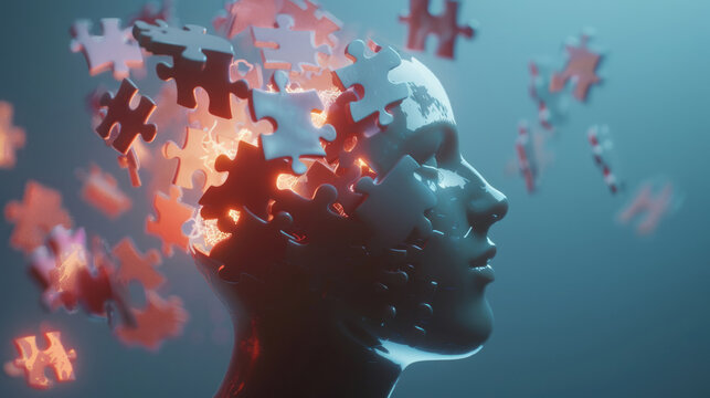 Human profile dissolving into golden puzzle pieces with glowing particles background