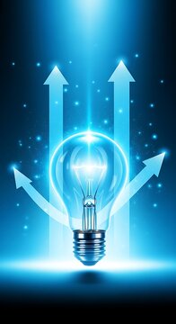 Glowing lightbulb with arrows pointing upwards, symbolizing innovative ideas and progress in a futuristic environment viewed from a straightforward perspective