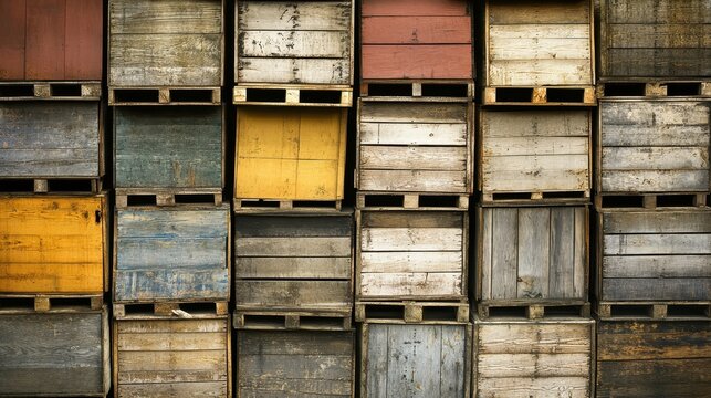 Stacks of empty weathered wooden crates neatly piled on wooden pallets awaiting storage or transport
