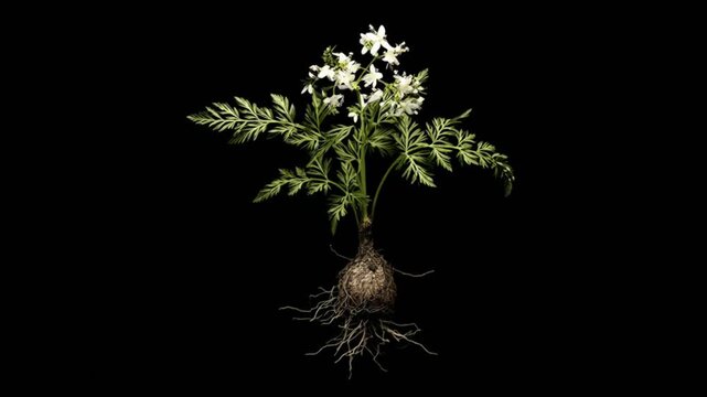 Plant with delicate white flowers, green fern-like leaves, and exposed root system against black