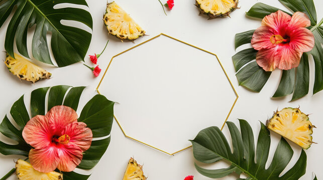 Tropical summer flat lay frame with hibiscus flowers, pineapple slices and monstera leaves on bright background