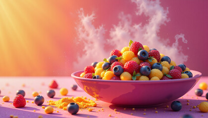 Naklejka premium fresh fruit salad with vibrant colors in a pink bowl against a soft glowing background, concept healthy eating and wellness