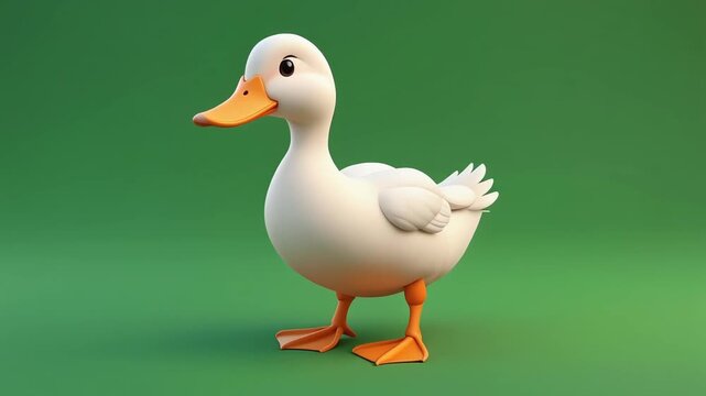 Cartoon-style white duck with orange beak and webbed feet, standing cheerfully on green surface with green background, playful and friendly design.