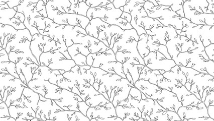 Fototapeta premium Vintage seamless vector pattern featuring hand-drawn tree branches and leaves with floral nature ornaments for a grunge spring wallpaper decoration