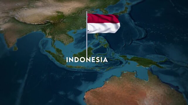 The Flag of Indonesia on the World Map, the Indonesian flag waving on the 3d map animation 4K