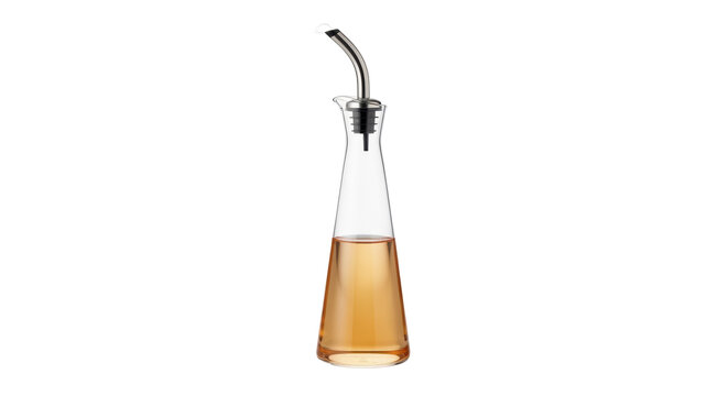 Glass olive oil dispenser with stainless steel spout isolated PNG, kitchenware for cooking and serving on transparent background