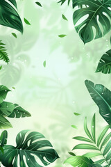 Tropical green leaves frame border with light bokeh on green background