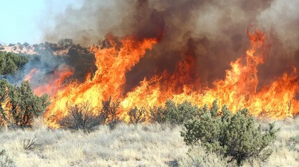 Vast wildfire ignites dry brush and vegetation with intense flames and thick smoke engulfing the landscape