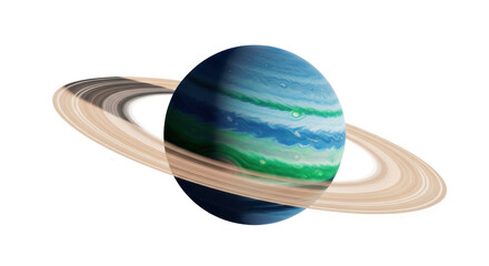 Striking planet with rings PNG isolated on transparent background, celestial body with blue, green, and tan hues for space exploration concepts © Emilia