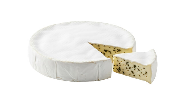 Creamy brie cheese wheel with a cut slice isolated PNG, soft cheese with mold rind on transparent background, gourmet dairy product