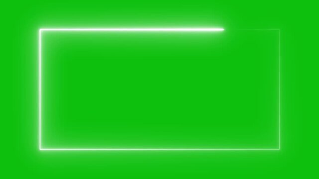 White neon light frame with seamless loop effect, glowing neon white rectangle border animation on green screen.