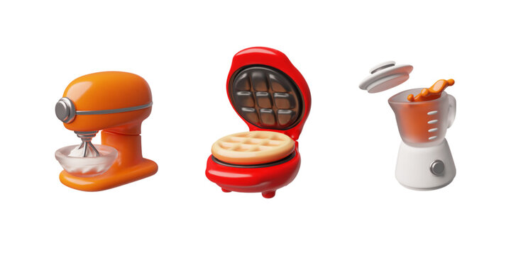 3D set of a mixer with dough in a bowl, a waffle iron with a waffle, and a blender with a smoothie.
