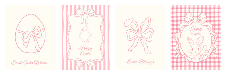 Easter hand drawn vintage greeting card set with bows, bunny, chick, ribbon frames and egg illustrations. Whimsical spring template for greeting cards, party invites and holiday posters. © Huma Fida
