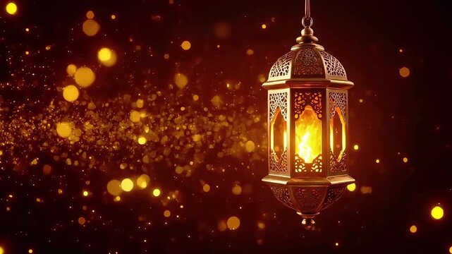 Islamic Ramadan lantern glowing brightly with festive decorations and golden lights in a dark environment