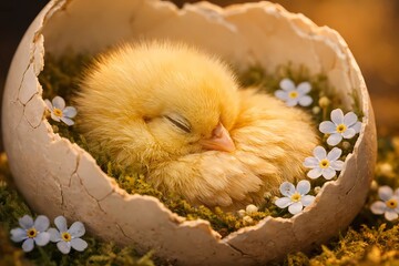 Yellow chick sleeping in moss-lined eggshell with forget-me-nots. Macro close-up, warm light, peaceful new life concept.