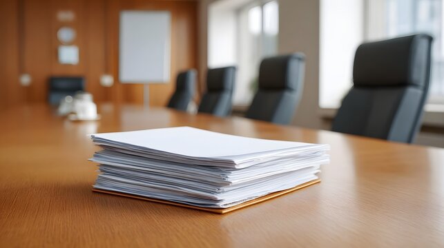 A stack of white papers rests on a polished wooden conference table in an empty boardroom ready for a meeting