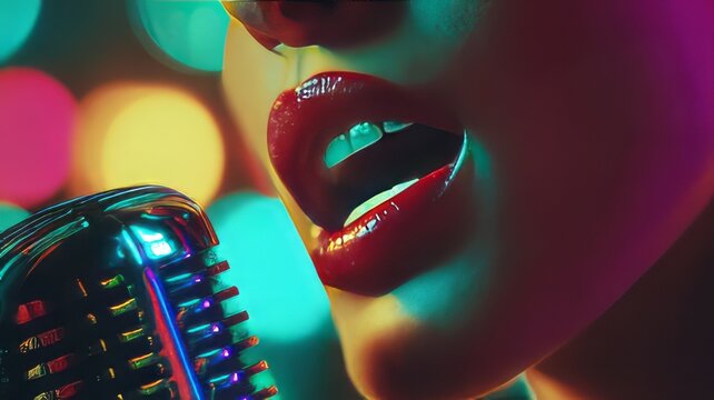 Close up shot captures the vivid red lips of a singer belting out a powerful note into a vintage chrome microphone under dramatic neon stage lights creating a vibrant atmosphere