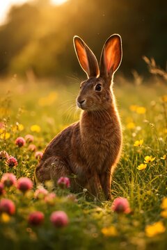 Belgian hare sitting in red clover and buttercup meadow. Golden afternoon light, rim-lit fur, detailed wildlife portrait.
