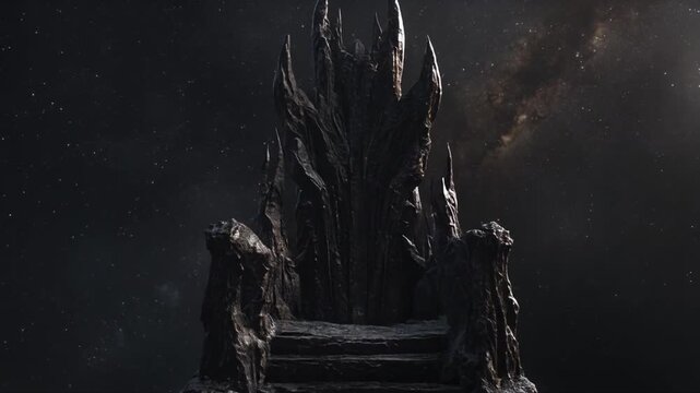 A throne with jagged spires against a starlit background. Constructed from dark, rough material