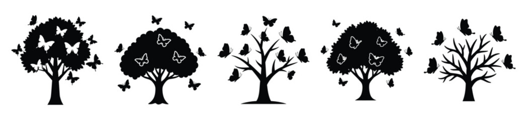 National Arbor Day tree with butterflies vector icon set. Arbor Day creative concept and Simple illustration, icon design solid black color with white background.