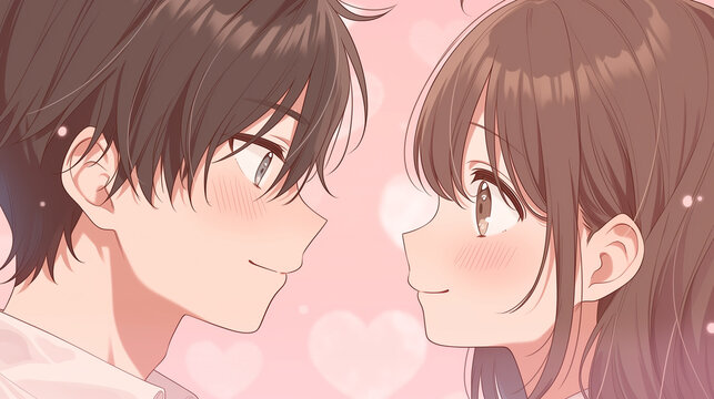 cute couple, boy and girl in anime style, valentine, face to face, pink heart background