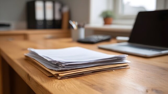 A stack of pending documents and a laptop on a wooden desk in a clean office workspace