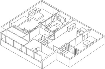 Fototapeta premium Isometric line art vector illustration of a modern apartment interior floor plan featuring a bedroom, living area, kitchen, and bathroom for architectural design projects.