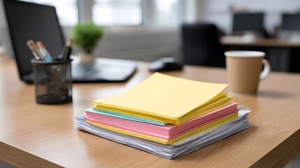 Fototapeta premium A stack of colorful paper notes and office supplies on a wooden desk with a laptop and coffee cup in the background