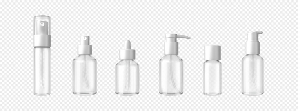 Realistic transparent glass bottles, vector mockup container empty cosmetic flasks with pump dispensers and spray nozzle