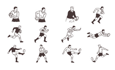 Minimalist Grey and Yellow Rugby Player Set - Textured Retro Hand Drawn Sport Vector Graphics Isolated on White